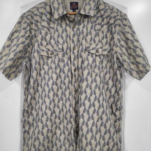 Men's Casual Short-Sleeve Button-Down Shirt - Beige with Navy Print